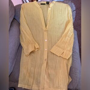 Vintage Ladies Shirt Overblouse, sheer, bright yellow with metallic thread